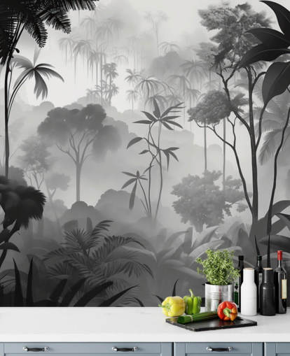 black and white foggy tropical forest mural black and white foggy tropical forest mural
