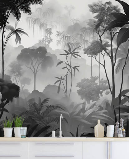 murale in bianco e nero con nebbia della foresta tropicale