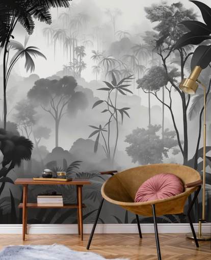 mural de bosque tropical brumoso en blanco y negro mural de bosque tropical brumoso en blanco y negro