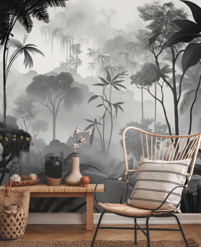 black and white foggy tropical forest mural