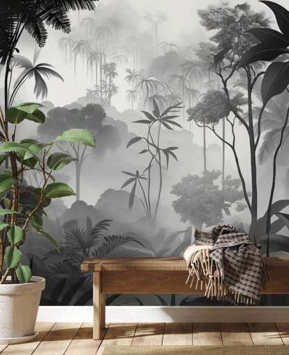 mural de floresta tropical nebulosa em preto e branco