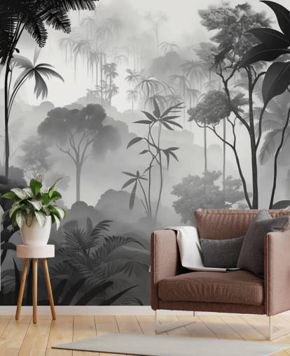 mural de floresta tropical nebulosa em preto e branco