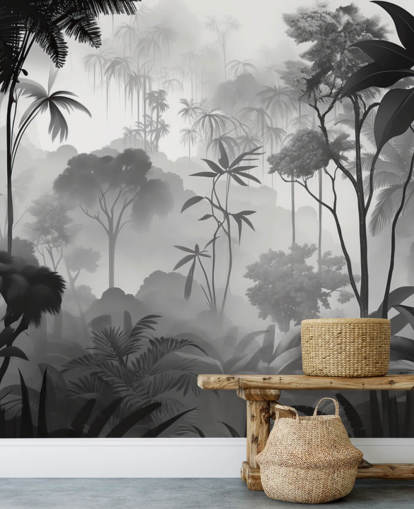 fresque murale de forêt tropicale brumeuse en noir et blanc fresque murale de forêt tropicale brumeuse en noir et blanc