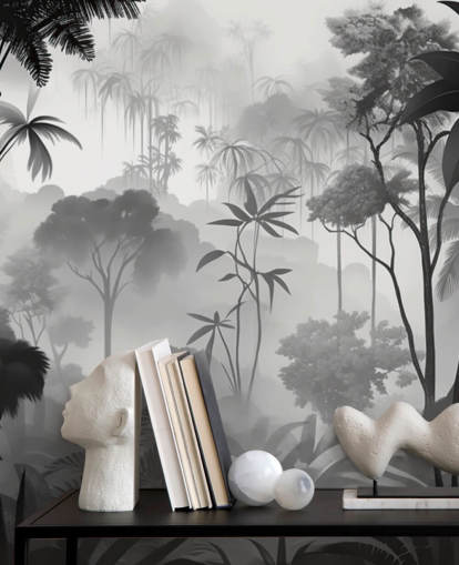 black and white foggy tropical forest mural black and white foggy tropical forest mural