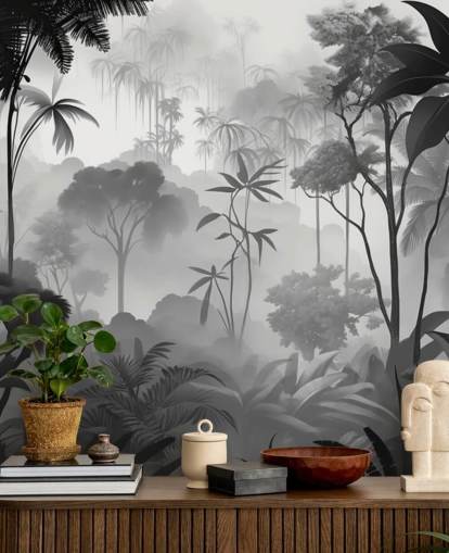 fresque murale de forêt tropicale brumeuse en noir et blanc