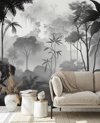 black and white foggy tropical forest mural