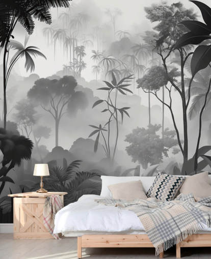 black and white foggy tropical forest mural