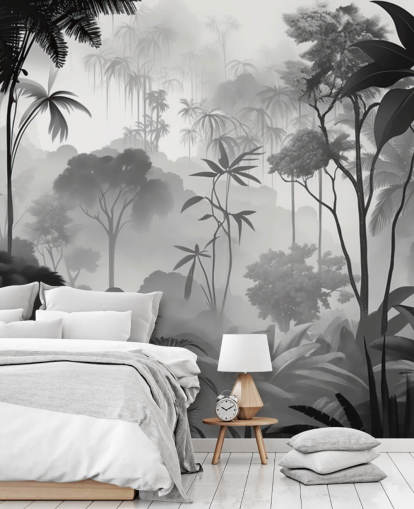 mural de bosque tropical brumoso en blanco y negro