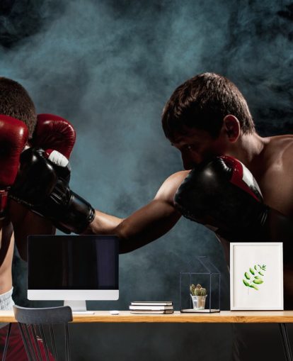 mørkt boksevægmaleri kaldet Boxing Showdown til teenagers soveværelser og fitnesscentre