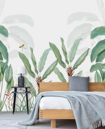grön och vit djungel tapetväggmålning kallad Tropical Landscape With Palms för sovrum, vardagsrum och korridorer