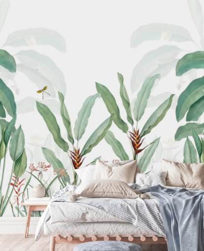 grøn og hvid jungle tapet vægmaleri kaldet Tropical Landscape With Palms til soveværelser, stuer og gange grøn og hvid jungle tapet vægmaleri kaldet Tropical Landscape With Palms til soveværelser, stuer og gange