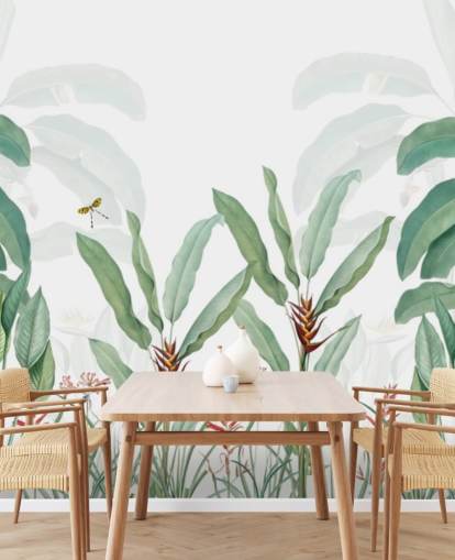 papier peint mural vert et blanc de la jungle appelé Paysage tropical avec palmiers pour les chambres, les salons et les couloirs