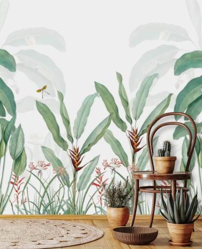 papier peint mural vert et blanc de la jungle appelé Paysage tropical avec palmiers pour les chambres, les salons et les couloirs