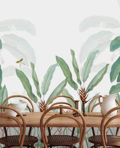 mural de papel pintado verde y blanco de la jungla llamado Paisaje tropical con palmeras para dormitorios, salas de estar y pasillos