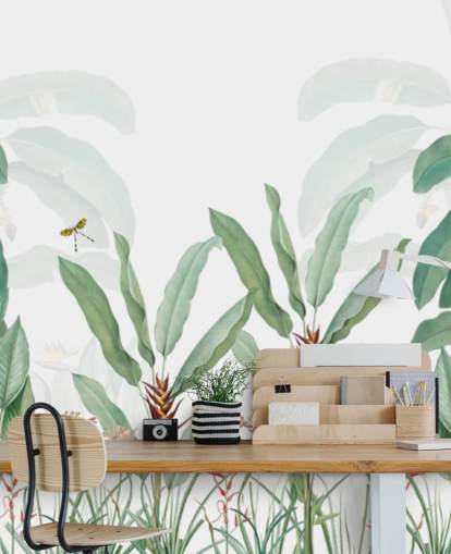 mural de papel pintado verde y blanco de la jungla llamado Paisaje tropical con palmeras para dormitorios, salas de estar y pasillos mural de papel pintado verde y blanco de la jungla llamado Paisaje tropical con palmeras para dormitorios, salas de estar y pasillos