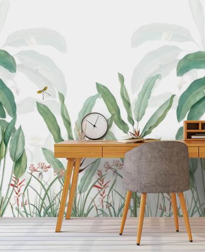 mural de papel pintado verde y blanco de la jungla llamado Paisaje tropical con palmeras para dormitorios, salas de estar y pasillos