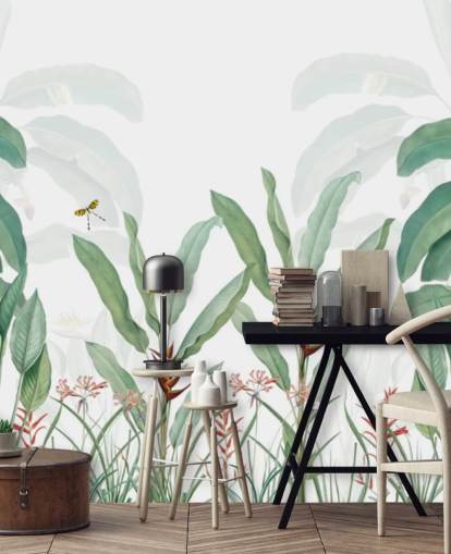 mural de papel pintado verde y blanco de la jungla llamado Paisaje tropical con palmeras para dormitorios, salas de estar y pasillos
