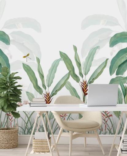 grøn og hvid jungle tapet vægmaleri kaldet Tropical Landscape With Palms til soveværelser, stuer og gange