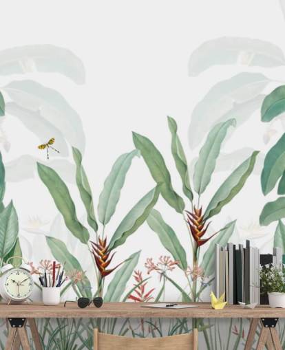 papier peint mural vert et blanc de la jungle appelé Paysage tropical avec palmiers pour les chambres, les salons et les couloirs