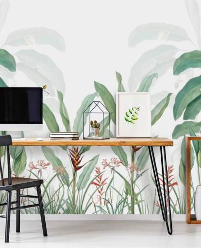 mural de papel de parede verde e branco da selva chamado Tropical Landscape With Palms para quartos, salas de estar e corredores