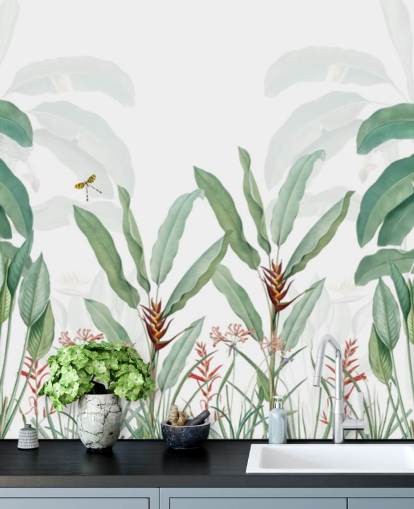 groen-witte jungle behangmuurschildering genaamd Tropical Landscape With Palms voor slaapkamers, woonkamers en gangen groen-witte jungle behangmuurschildering genaamd Tropical Landscape With Palms voor slaapkamers, woonkamers en gangen