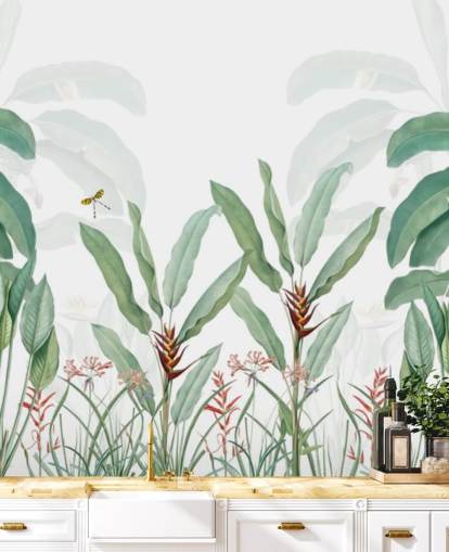 mural de papel pintado verde y blanco de la jungla llamado Paisaje tropical con palmeras para dormitorios, salas de estar y pasillos