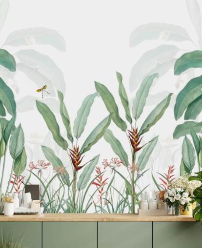 grøn og hvid jungle tapet vægmaleri kaldet Tropical Landscape With Palms til soveværelser, stuer og gange