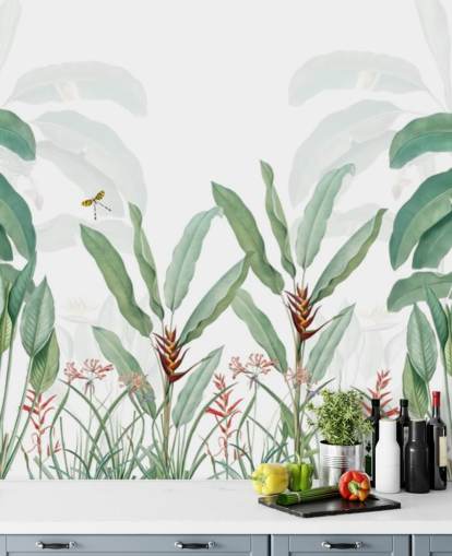 mural de papel pintado verde y blanco de la jungla llamado Paisaje tropical con palmeras para dormitorios, salas de estar y pasillos