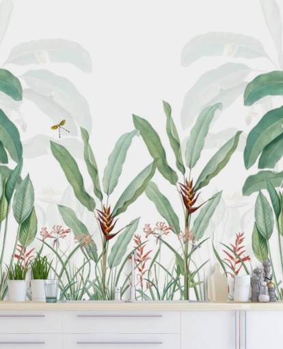 green and white jungle wallpaper mural called Tropical Landscape With Palms for bedrooms, living rooms and hallways