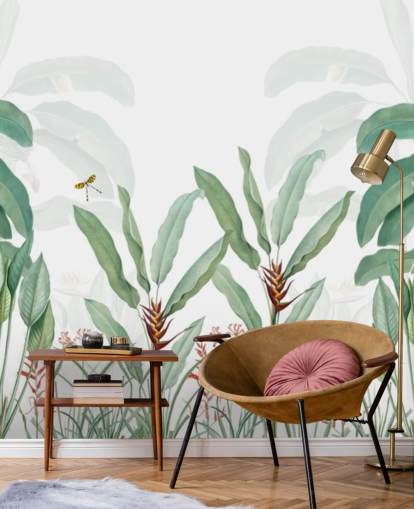 mural de papel pintado verde y blanco de la jungla llamado Paisaje tropical con palmeras para dormitorios, salas de estar y pasillos mural de papel pintado verde y blanco de la jungla llamado Paisaje tropical con palmeras para dormitorios, salas de estar y pasillos