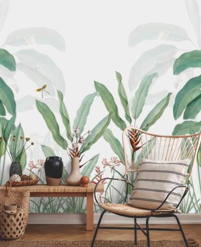 carta da parati murale verde e bianca con giungla chiamata Tropical Landscape With Palms per camere da letto, salotti e corridoi carta da parati murale verde e bianca con giungla chiamata Tropical Landscape With Palms per camere da letto, salotti e corridoi