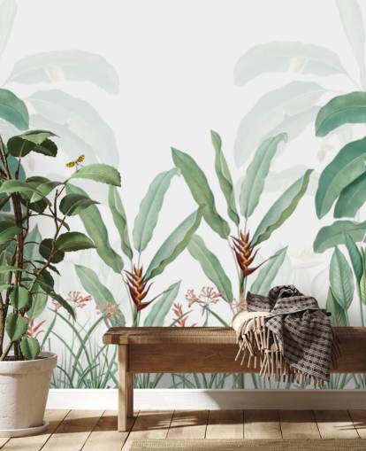 grøn og hvid jungle tapet vægmaleri kaldet Tropical Landscape With Palms til soveværelser, stuer og gange