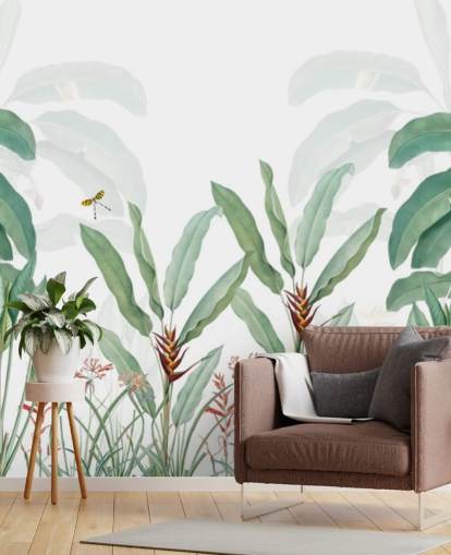 groen-witte jungle behangmuurschildering genaamd Tropical Landscape With Palms voor slaapkamers, woonkamers en gangen