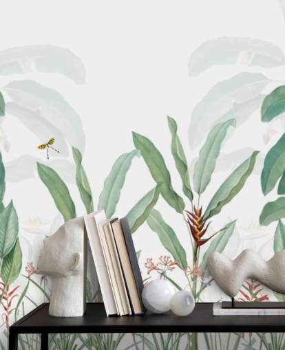 mural de papel pintado verde y blanco de la jungla llamado Paisaje tropical con palmeras para dormitorios, salas de estar y pasillos