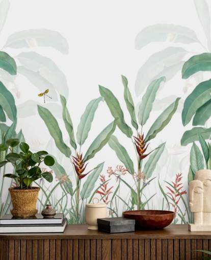 green and white jungle wallpaper mural called Tropical Landscape With Palms for bedrooms, living rooms and hallways