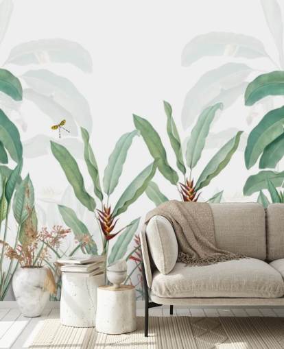 mural de papel de parede verde e branco da selva chamado Tropical Landscape With Palms para quartos, salas de estar e corredores mural de papel de parede verde e branco da selva chamado Tropical Landscape With Palms para quartos, salas de estar e corredores