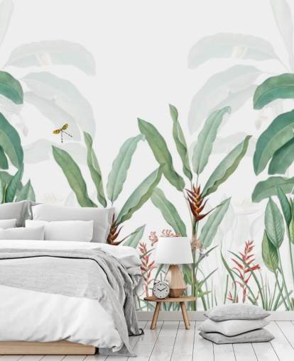 grønn og hvit jungel tapetveggmaleri kalt Tropical Landscape With Palms for soverom, stuer og ganger grønn og hvit jungel tapetveggmaleri kalt Tropical Landscape With Palms for soverom, stuer og ganger