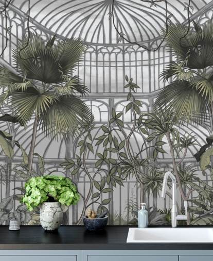 mural de papel pintado de invernadero llamado Tropical Greenhouse para hogares y negocios