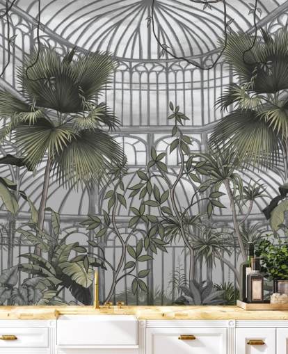 mural de papel pintado de invernadero llamado Tropical Greenhouse para hogares y negocios