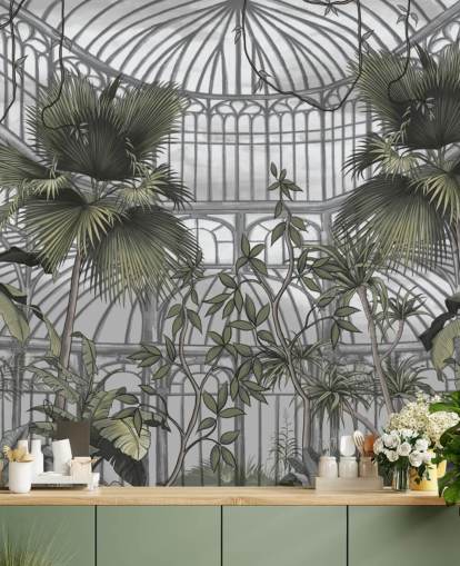 broeikas behangmuurschildering genaamd Tropical Greenhouse voor woningen en bedrijven