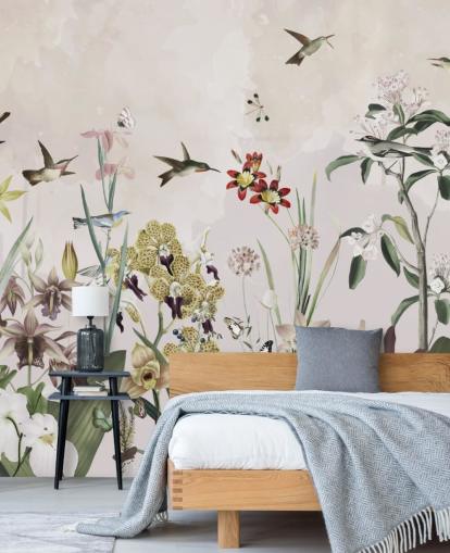 Garten-Wandbild mit Vögel und Blumen Garten-Wandbild mit Vögel und Blumen