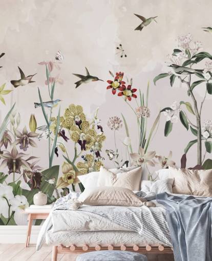 mural de parede de jardim com pássaros e flores