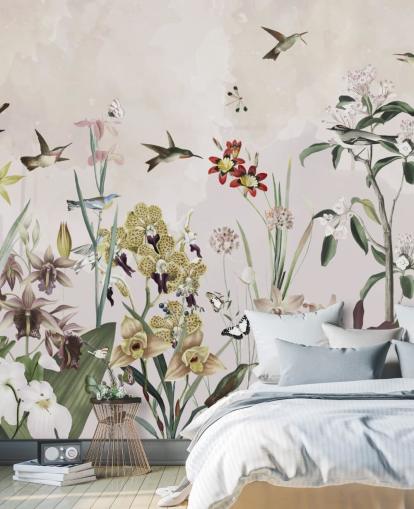 fresque murale de jardin avec oiseaux et fleurs
