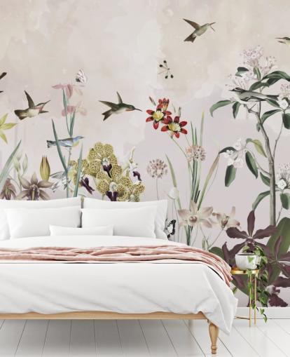 hage veggmaleri med fugler og blomster hage veggmaleri med fugler og blomster