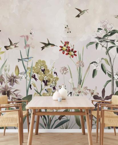 Garten-Wandbild mit Vögel und Blumen