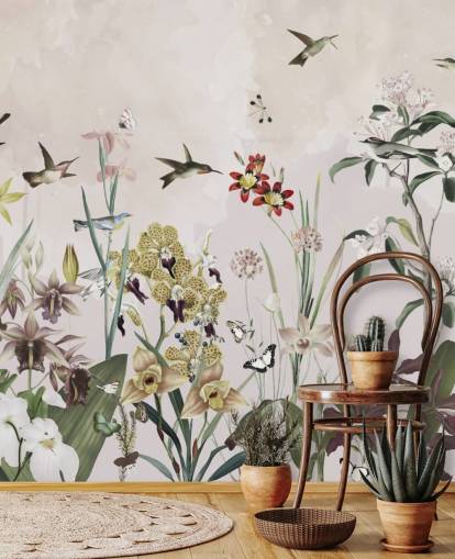 hage veggmaleri med fugler og blomster