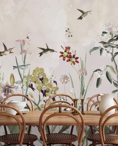 mural de pared de jardín con pájaros y flores