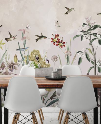 fresque murale de jardin avec oiseaux et fleurs