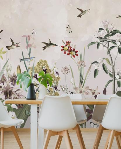 hage veggmaleri med fugler og blomster