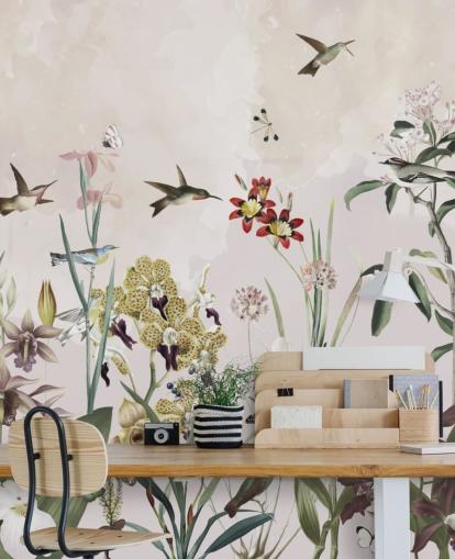 garden wall mural with birds and flowers
